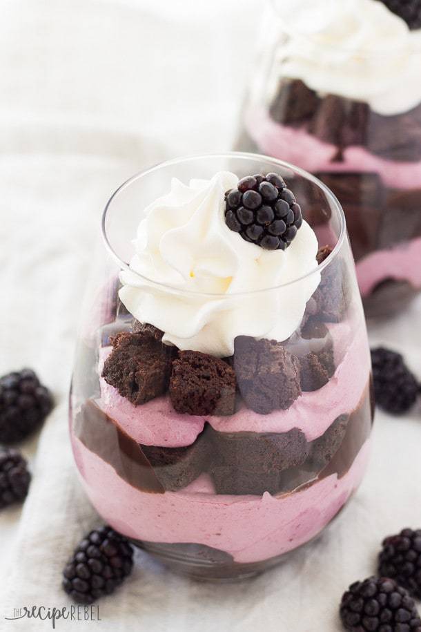 Chocolate Blackberry Cheesecake Trifles from The Recipe Rebel served in glassware