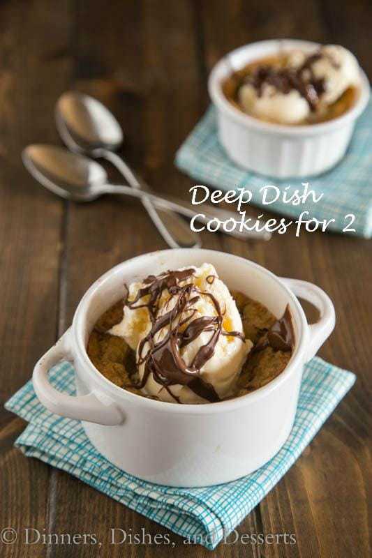Deep Dish Chocolate Chip Cookies from Dinners, Dishes and Desserts served in white dishes