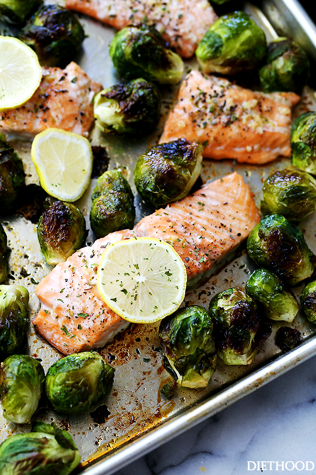 One Sheet Pan Garlic Roasted Salmon with Brussels Sprouts from Diethood, featured on cravingsofalunatic.com for our weekly meal plan, week 29. Swing by the blog every Saturday for more great meal plans. (@CravingsLunatic) 