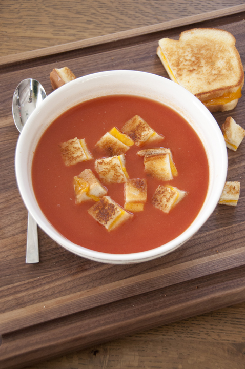 Tomato Soup with Grilled Cheese Croutons from Wishes and Dishes, featured on cravingsofalunatic.com for our weekly meal plan, week 29. Swing by the blog every Saturday for more great meal plans. (@CravingsLunatic) 