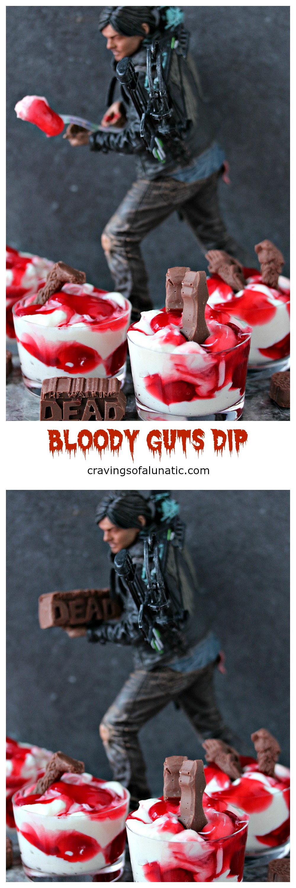 Bloody Guts Dip from cravingsofalunatic.com- Mix up this Bloody Guts Dip for your next Walking Dead Party. Celebrate in style by whipping up a batch of this easy cherry dip. Layer it so it looks like you're digging into a bloody mess. I made chocolate zombie body parts to use for dipping. (@CravingsLunatic)