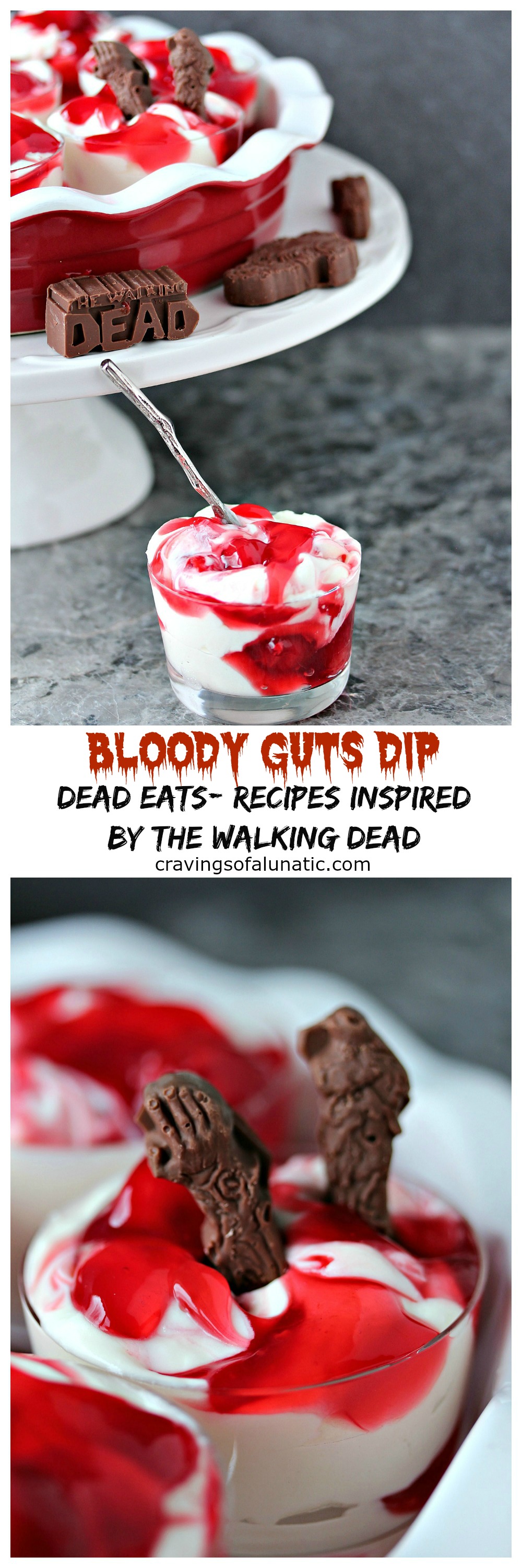 Bloody Guts Dip from cravingsofalunatic.com- Mix up this Bloody Guts Dip for your next Walking Dead Party. Celebrate in style by whipping up a batch of this easy cherry dip. Layer it so it looks like you're digging into a bloody mess. I made chocolate zombie body parts to use for dipping. (@CravingsLunatic)
