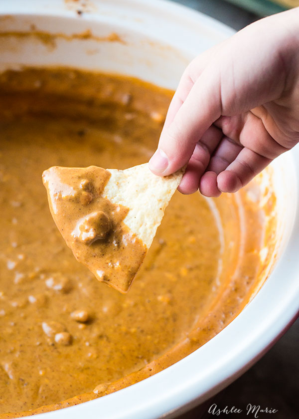 Chili’s Copycat Spicy Queso Dip – Ashlee Marie image of finished recipe in a white slower cooker