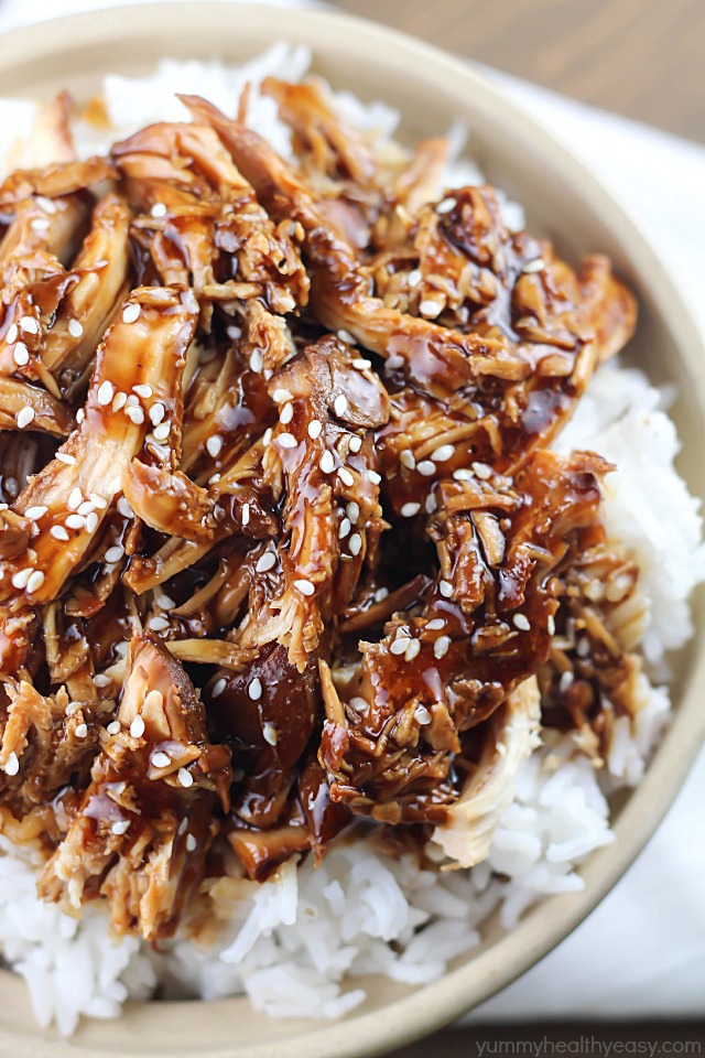 Crock Pot Teriyaki Chicken – Yummy Healthy Easy image of finished recipe in a bowl filled with rice.