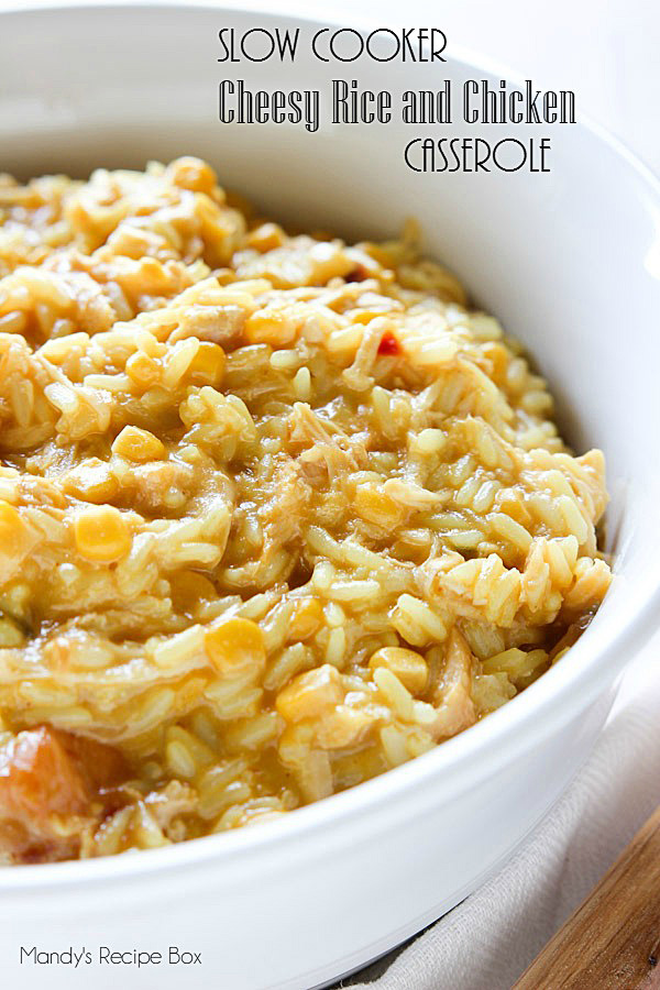 Slow Cooker Cheesy Rice and Casserole – Mandy’s Recipe Box image of finished recipe in a white bowl.