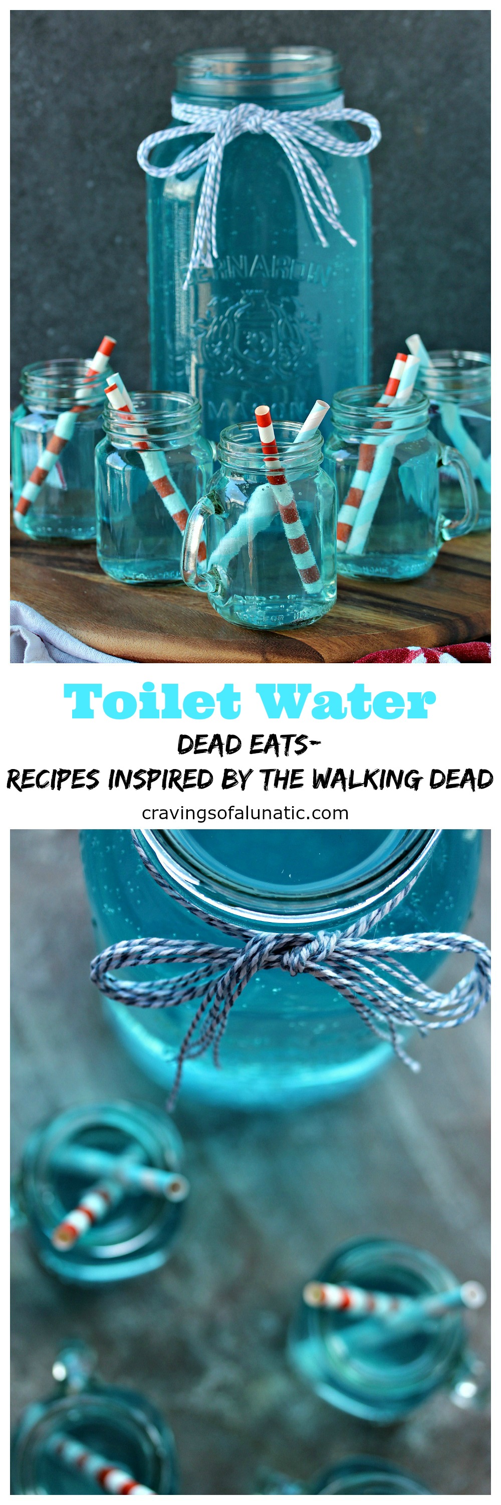 Toilet Water Drink Recipe from cravingsofalunatic.com for Dead Eats: Recipes Inspired by The Walking Dead- Freak the heck out of your guests for your next Walking Dead Party by serving them a big old jug of Toilet Water. It's so simple to make! Just a few ingredients and a quick shake for a delicious drink you could drink right out of the bowl! (@CravingsLunatic)