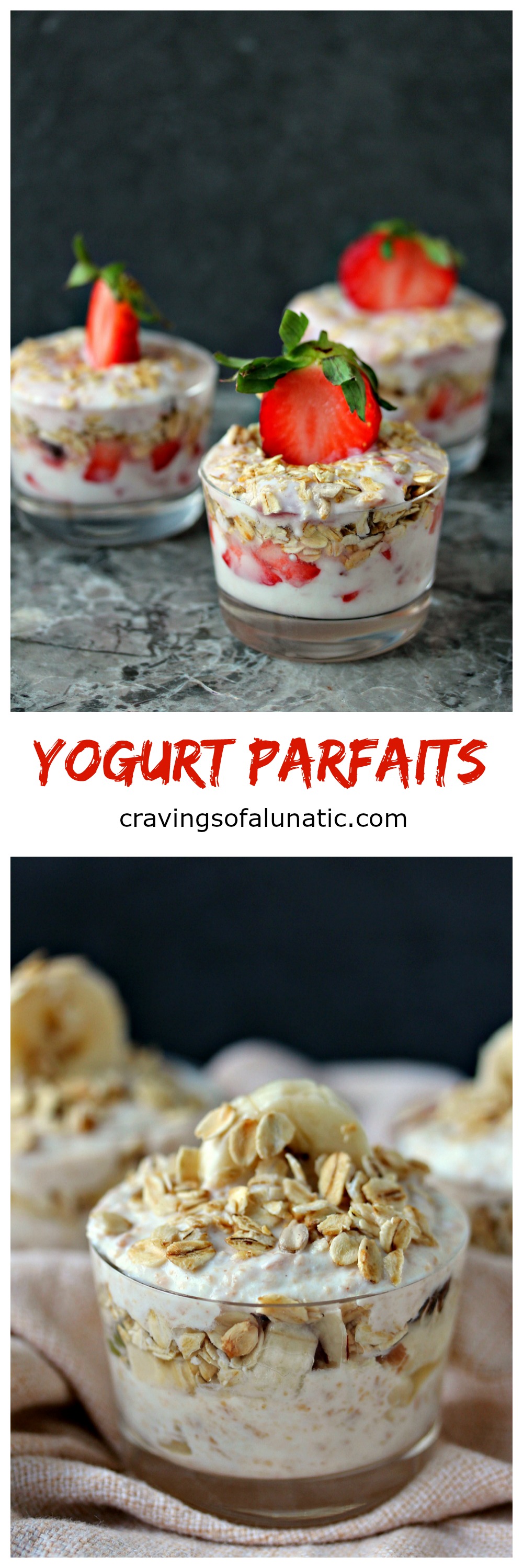 Yogurt Parfaits from cravingsofalunatic.com- Snacking should be fun and easy. These yogurt parfaits are so simple to personalize to your own taste. These Strawberry Yogurt Parfaits are layered strawberry jam and fresh strawberries. (@CravingsLunatic)