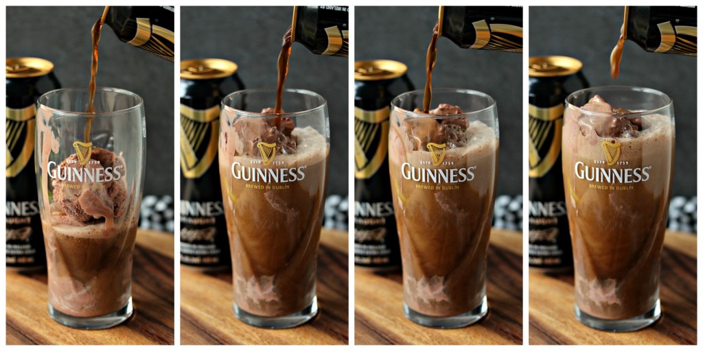 Collage image featuring 4 photos of Guinness being poured over ice cream in tall glass at different intervals of pouring it. 