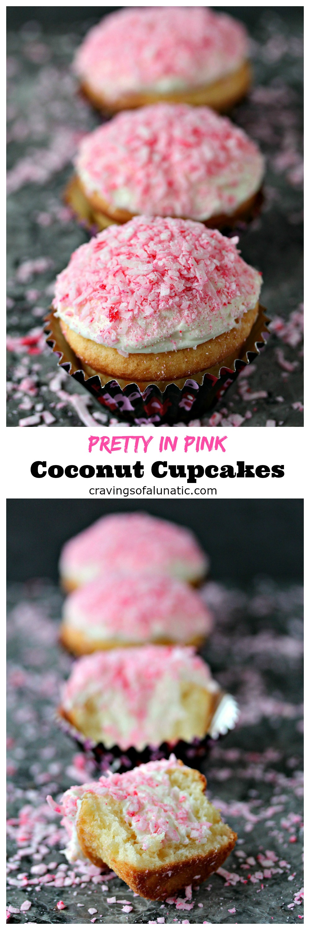 Pink Coconut Cupcakes from cravingsofalunatic.com- Pink Coconut Cupcakes made with Pillsbury Cake Mix, then filled with surprise inside coconut frosting, and topped with pink coconut. (@CravingsLunatic)