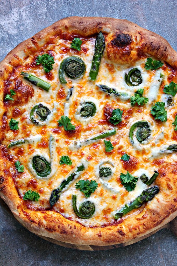Overhead image of Fiddlehead and Asparagus Pizza