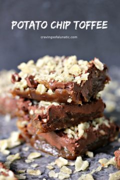Potato Chip Toffee from cravingsofalunatic.com- This easy recipe for Potato Chip Toffee uses only 5 ingredients and is baked in under 20 minutes. Pop it in the fridge to set up for that perfect crisp toffee snap. Sweet meets salty in the most amazing way! (@CravingsLunatic)