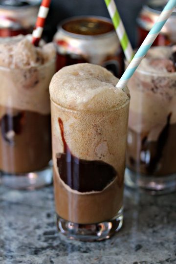 Chocolate Hot Fudge Root Beer Floats in glasses with straws