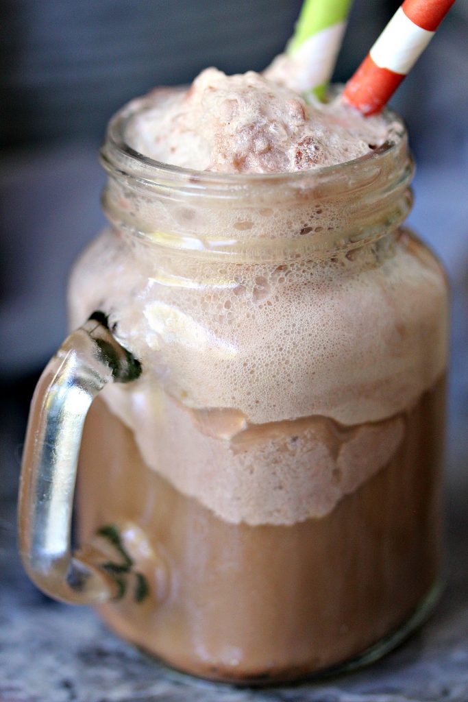 Chocolate Hot Fudge Root Beer Floats in a glass with a straw