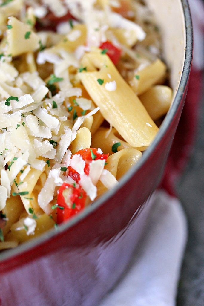 one pot pasta in a red pot