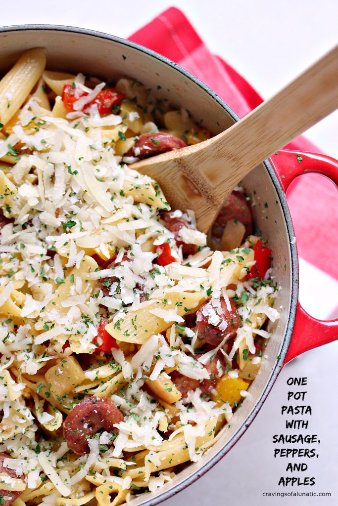 One Pot Pasta with Sausage, Peppers, and Apples from cravingsofalunatic.com- This easy pasta recipe uses sliced sausages, red and yellow peppers, plus Gala apples, and Granny Smith apples. It's all made in one pot, and is incredibly quick and easy to make! 