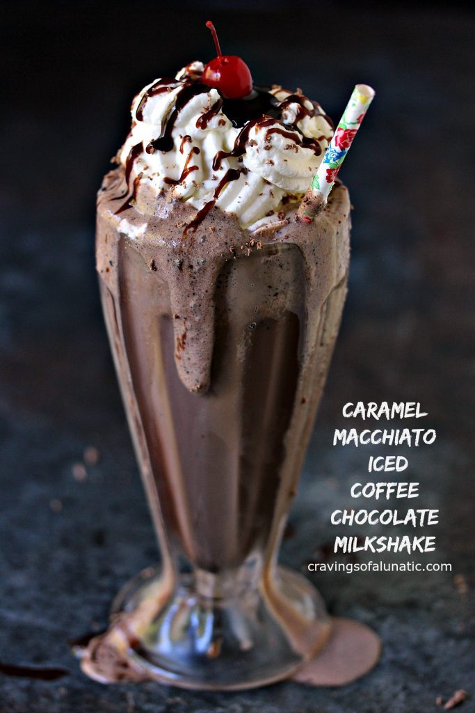  Caramel Macchiato Iced Coffee Chocolate Milkshakes in a milkshake glass with whipped cream, chocolate sauce and a cherry on top. A striped straw is inside the drink and there is a drip of chocolate shake on the front of the glass. Text is in the lower right corner that states the recipe and blog name. 