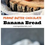 close up images of peanut butter chocolate banana bread with walnuts