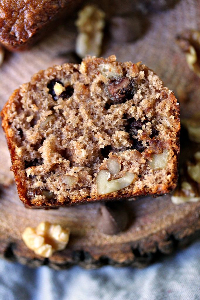 close up image of a slice of Peanut Butter Chocolate Banana Bread with Walnuts 