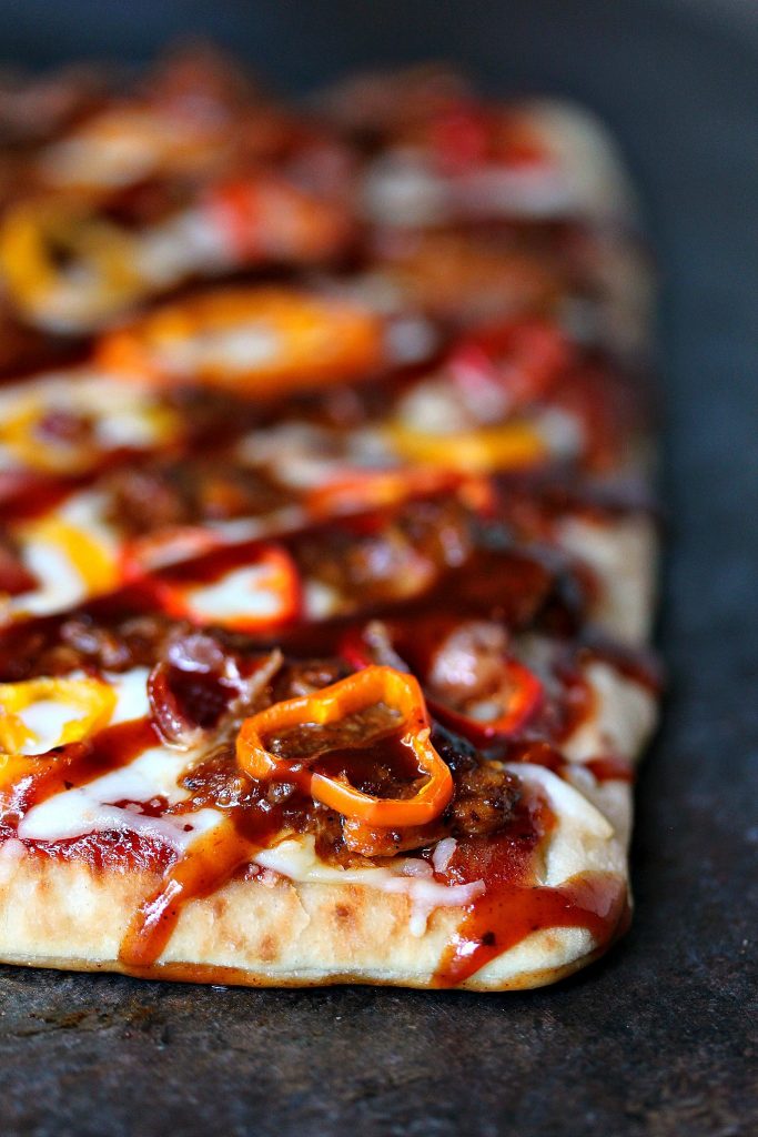Grilled Flatbread Pizza on a dark counter