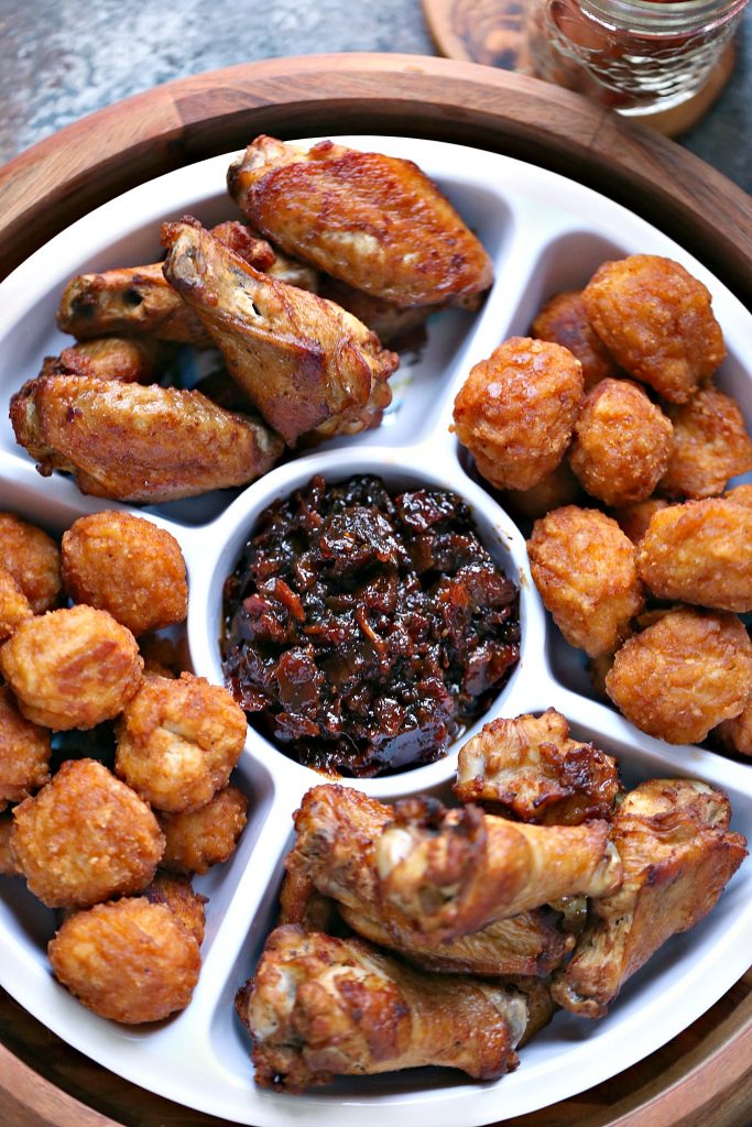 Bacon Jam and wings in a serving dish