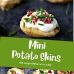 Collage image featuring two photos of mini potato skins topped with sour cream, chopped bacon and chopped fresh chives.