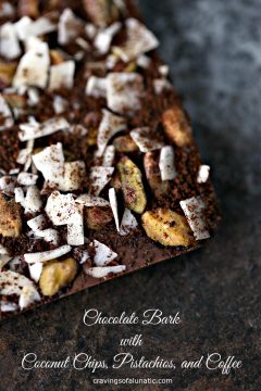 Chocolate Bark with Coconut Chips, Pistachios, and Coffee from cravingsofalunatic.com- This recipe can be made with any kind of chocolate you prefer. Made with coconut chips, chopped pistachios, and finely ground coffee. Epic chocolate bark for coffee lovers!