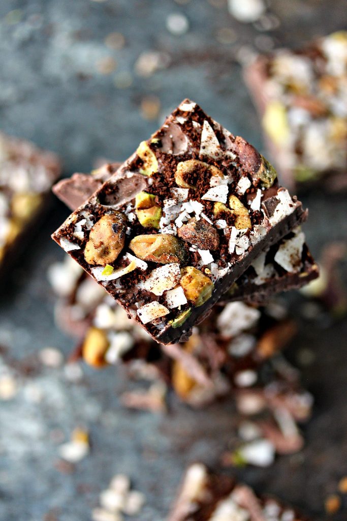 Chocolate Bark with Coconut Chips, Pistachios, and Coffee from cravingsofalunatic.com- This recipe can be made with any kind of chocolate you prefer. Made with coconut chips, chopped pistachios, and finely ground coffee. Epic chocolate bark for coffee lovers!