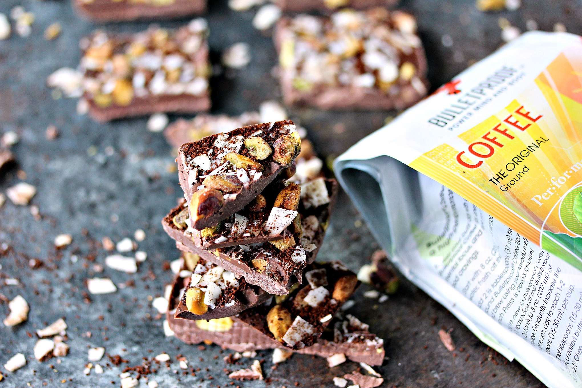 Chocolate Bark with Coconut Chips, Pistachios, and Coffee from cravingsofalunatic.com- This recipe can be made with any kind of chocolate you prefer. Made with coconut chips, chopped pistachios, and finely ground coffee. Epic chocolate bark for coffee lovers!