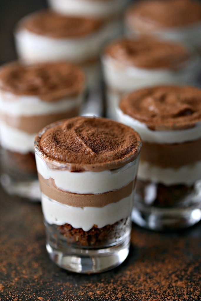 shot glasses filled with no bake chocolate coffee mini cheesecakes 