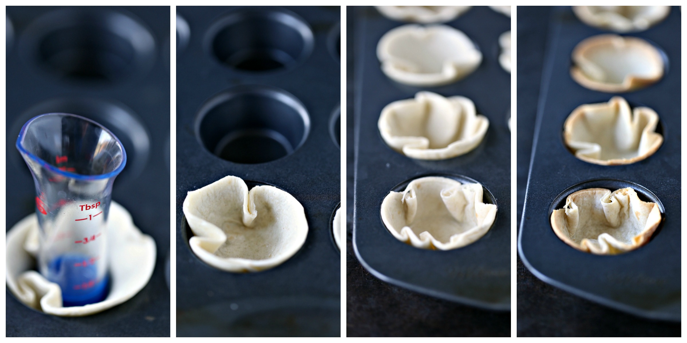 Pressing tortillas into the mini muffin tins to bake them.