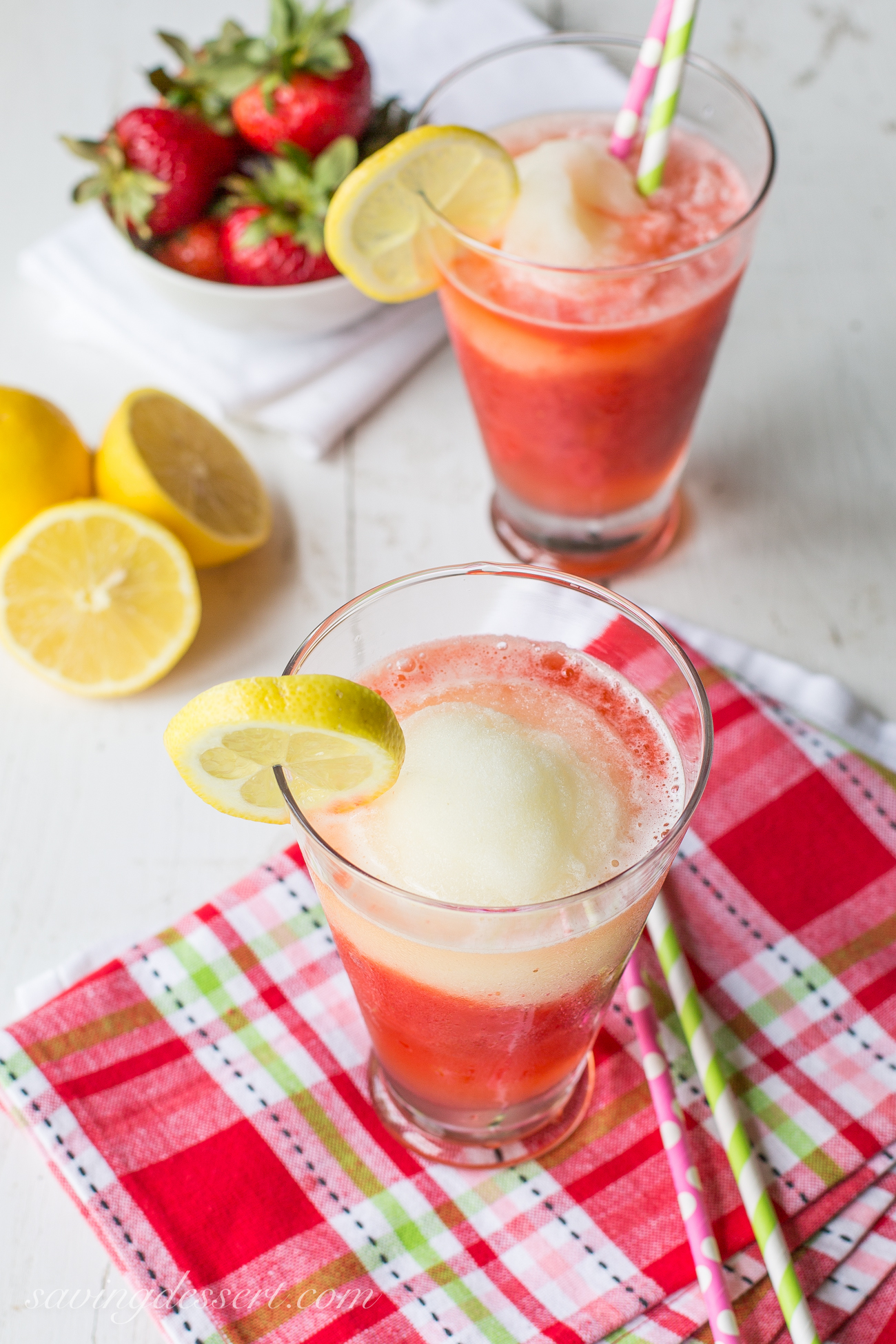Frozen Strawberry Lemonade from Saving Dessert- featured on The Best Lemonade Recipes by cravingsofalunatic.com- Spend your summer sipping all The Best Lemonade Recipes you can get your hands on. Summer is all about refreshing beverages so make the most of it!