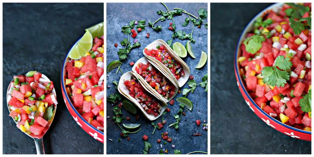 Collage image featuring 3 photos. The left photo is watermelon salsa in a bowl with a spoon of salsa sitting next to it. The middle image is an overhead shot of 3 tacos ready to be eaten. The photo on the right is watermelon salsa in a brightly coloured bowl on a dark board. 