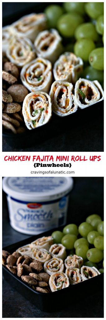Chicken Fajita Mini Roll Ups {Pinwheels) from cravingsofalunatic.com- These chicken fajita roll ups are tiny in size but big on flavour! These are perfect to pack in lunches or to use as appetizers for parties.