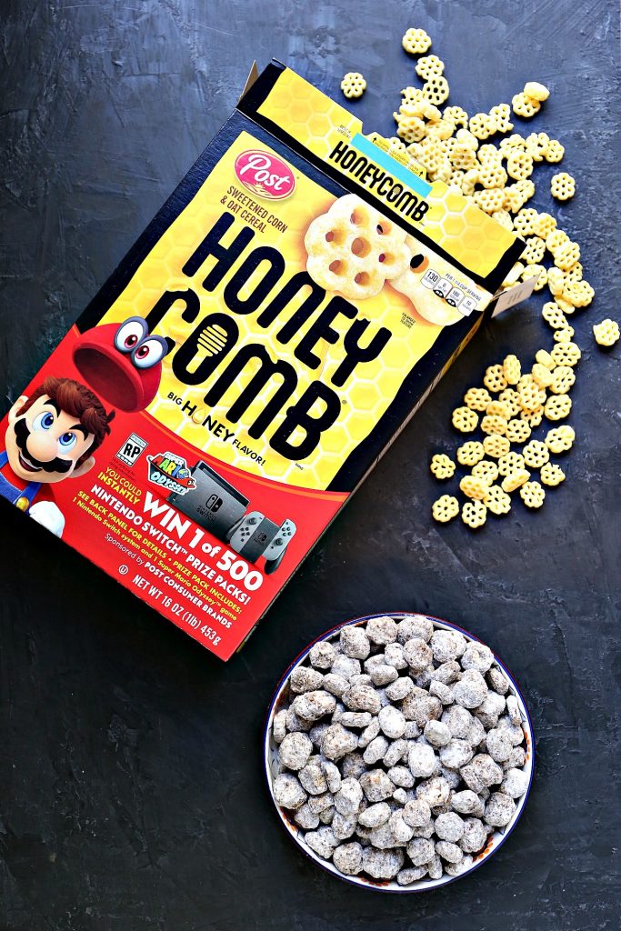 Honeycomb Chocolate Peanut Butter Puppy Chow is an easy snack mix recipe that is perfect for game night with family and friends.