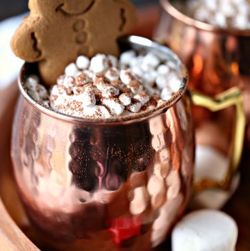 Gingerbread hot chocolate with added mini marshmallows and a gingerbread cookie.