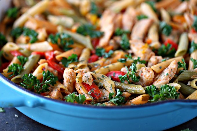 Horizontal This 30 Minute Chicken Vegetable Skillet Pasta is super quick and easy to make. It uses simple ingredients for a meal the whole family will love!