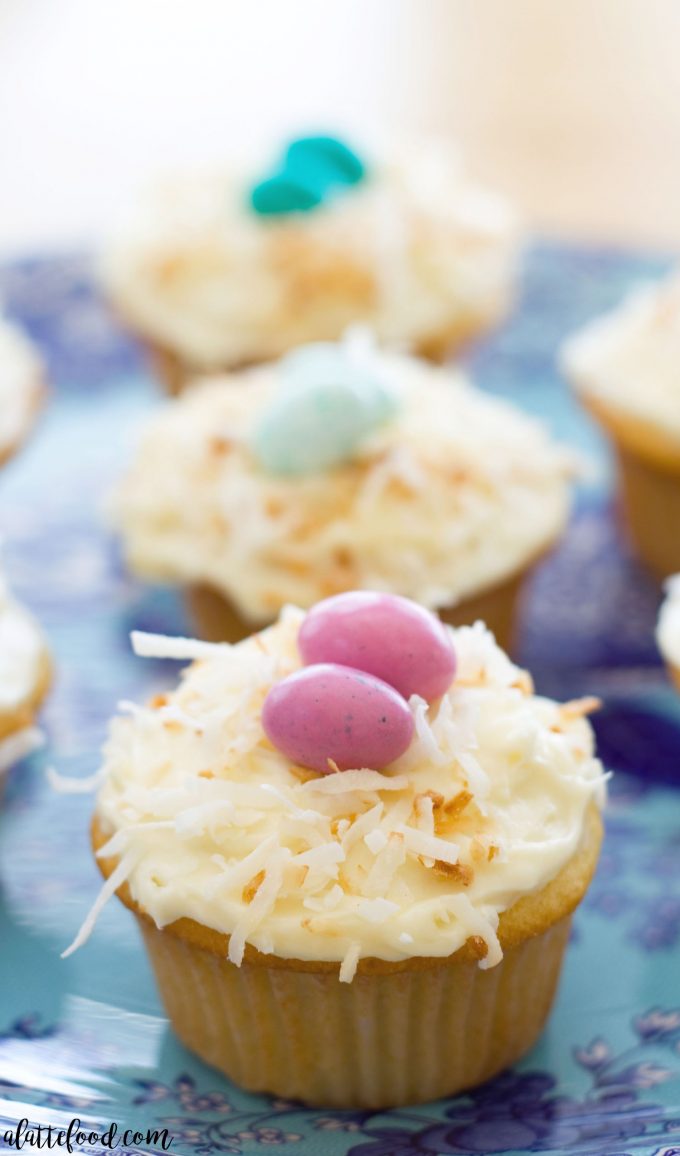 close up image of coconut cupcakes from a latte food