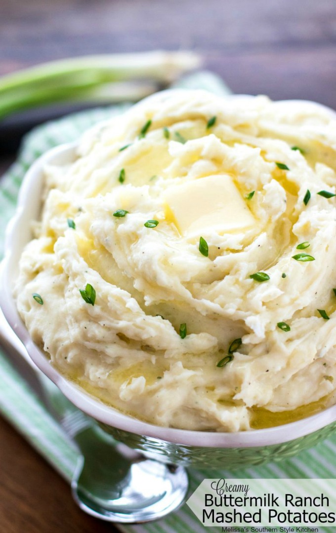 close up image of Creamy Buttermilk Ranch Mashed Potatoes from Melissa's Southern Style Kitchen