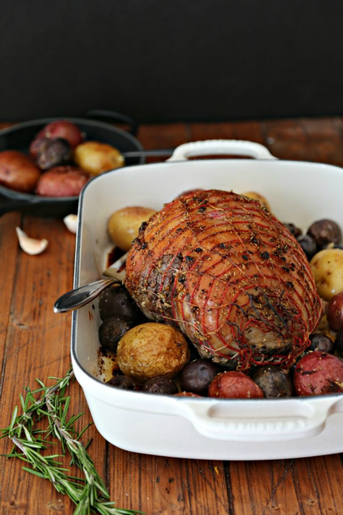 image of Herb Roasted Leg of Lamb from bell' alimento in a white baking pan 