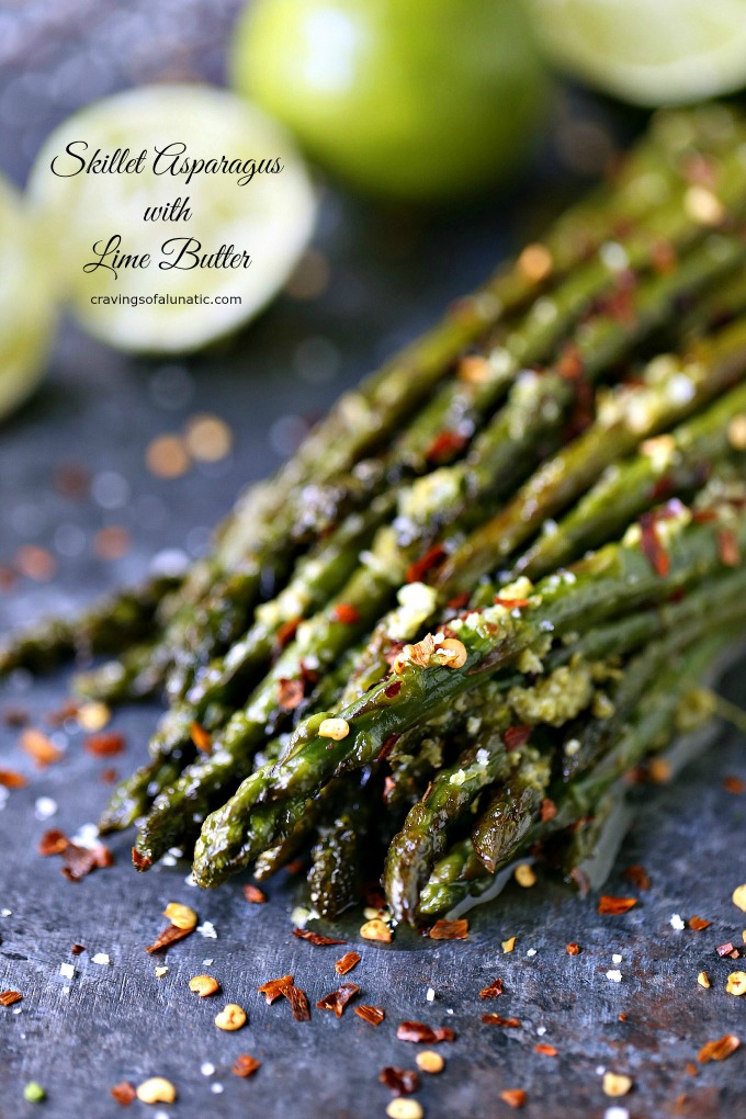 close up image of skillet asparagus with lime butter 