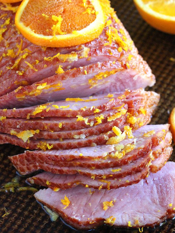 close up image of Slow Cooker Brown Sugar Ham with Orange Glaze from Sweet & Savory Meals