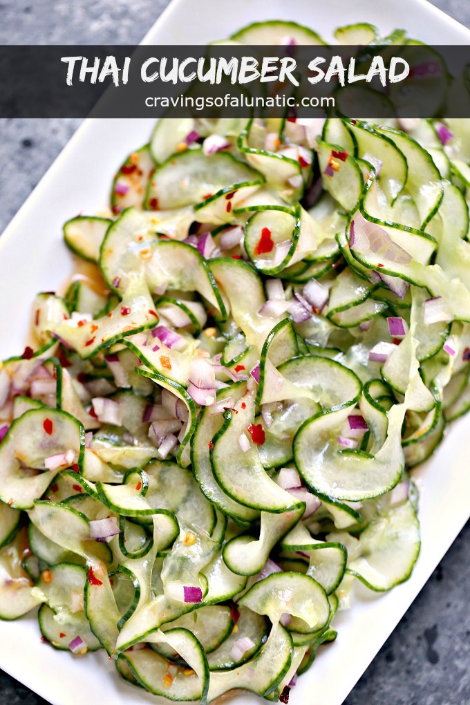overhead image of Thai cucumber salad on a white plate 