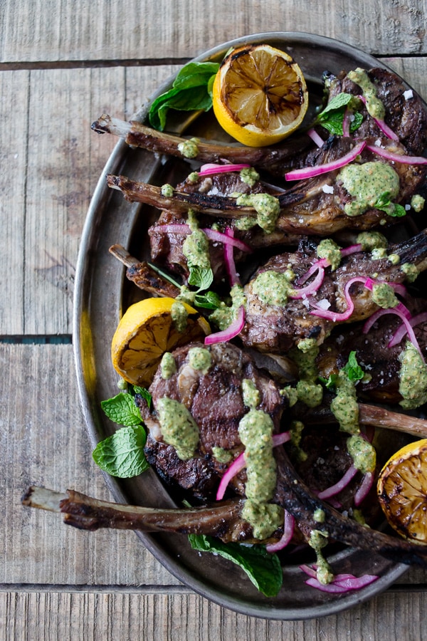 overhead image of Grilled Lamb Chops with Pistachio Mint Pesto from Nutmeg Nanny