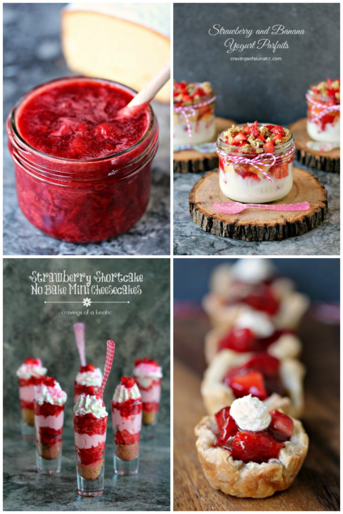 collage image featuring 4 photos from 10 Easy Strawberry Dessert Recipes that will impress your family and friends. These easy strawberry recipes require minimal effort but offer maximum results!