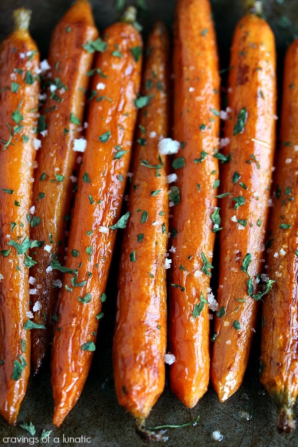 overhead image of Balsamic Roasted Baby Carrots 
