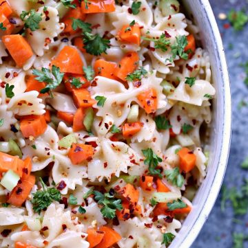 close up overhead image of Bow Tie Pasta Salad