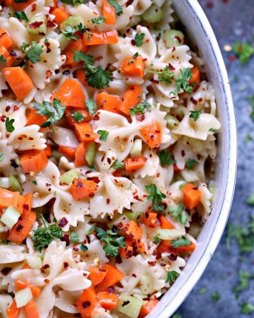 close up overhead image of Bow Tie Pasta Salad
