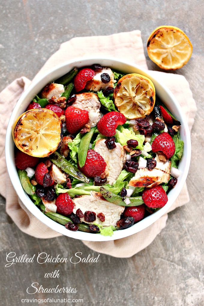 overhead image of grilled chicken salad with strawberries
