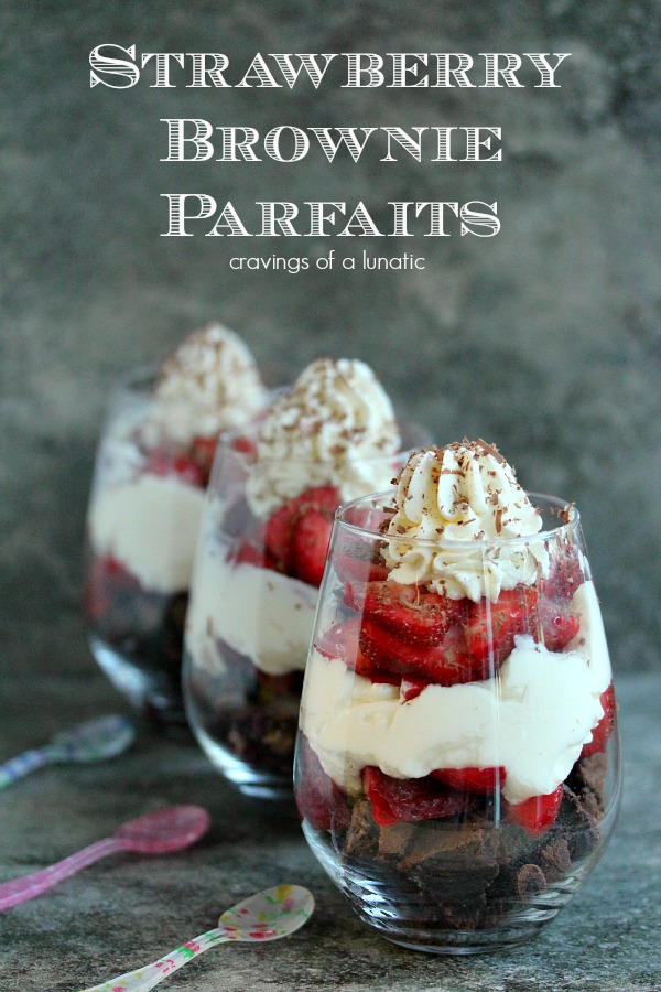 Strawberry Brownie Parfaits served in wine glasses 