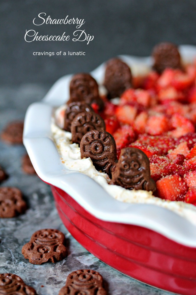 Strawberry Cheesecake Dip in red serving dish